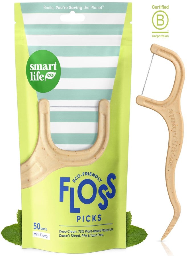 SmartLifeco Eco-Friendly Dental Floss Picks (50ct) - Flossers Made with Straw Wheat, Superior Anti-Shred Thread for Tight Gaps, Tooth Pick Stick for Adults, Soft on Gum & Teeth, Vegan, Mint - Image 1